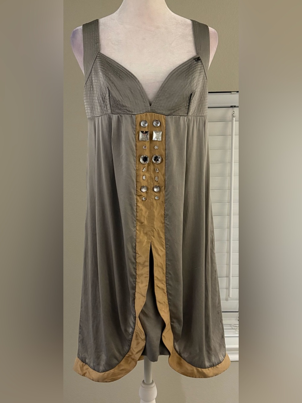 Vintage 2000s Miss Sixty Y2K Jeweled Babydoll Dress Gray Gold Rhinestone